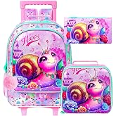 ZLYERT 3Pcs Rolling Backpack for Girls, Snail Roller Bookbag with Lunch Box, Kids School Backpacks with Wheels for Elementary Preschool(Pink)