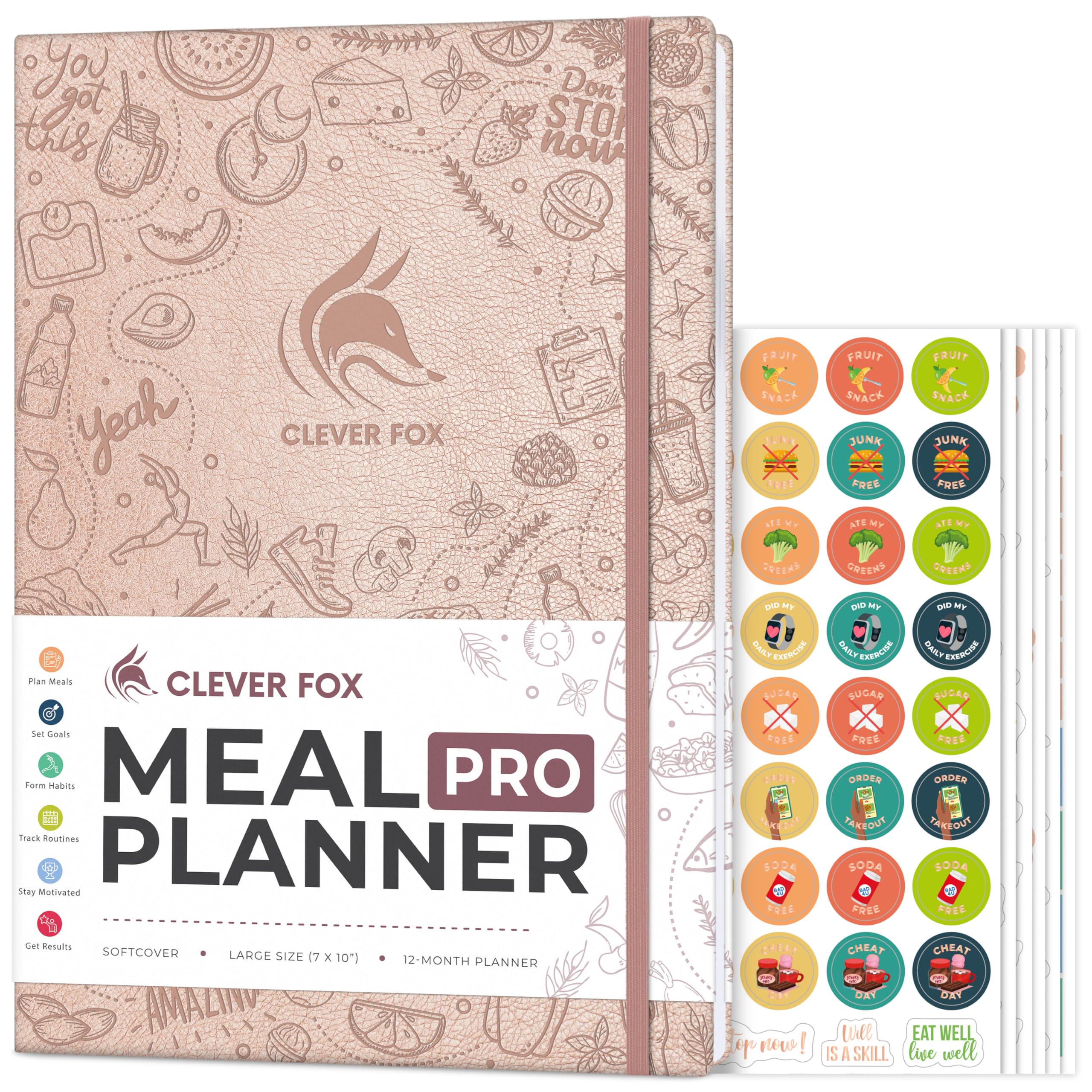 Clever Fox Meal Planner PRO – Weekly Meal Prep & Nutrition Journal with Grocery List & Weigh Loss Tracker – Diet & Fitness Log Book, 18x25.5cm (Rose Gold)
