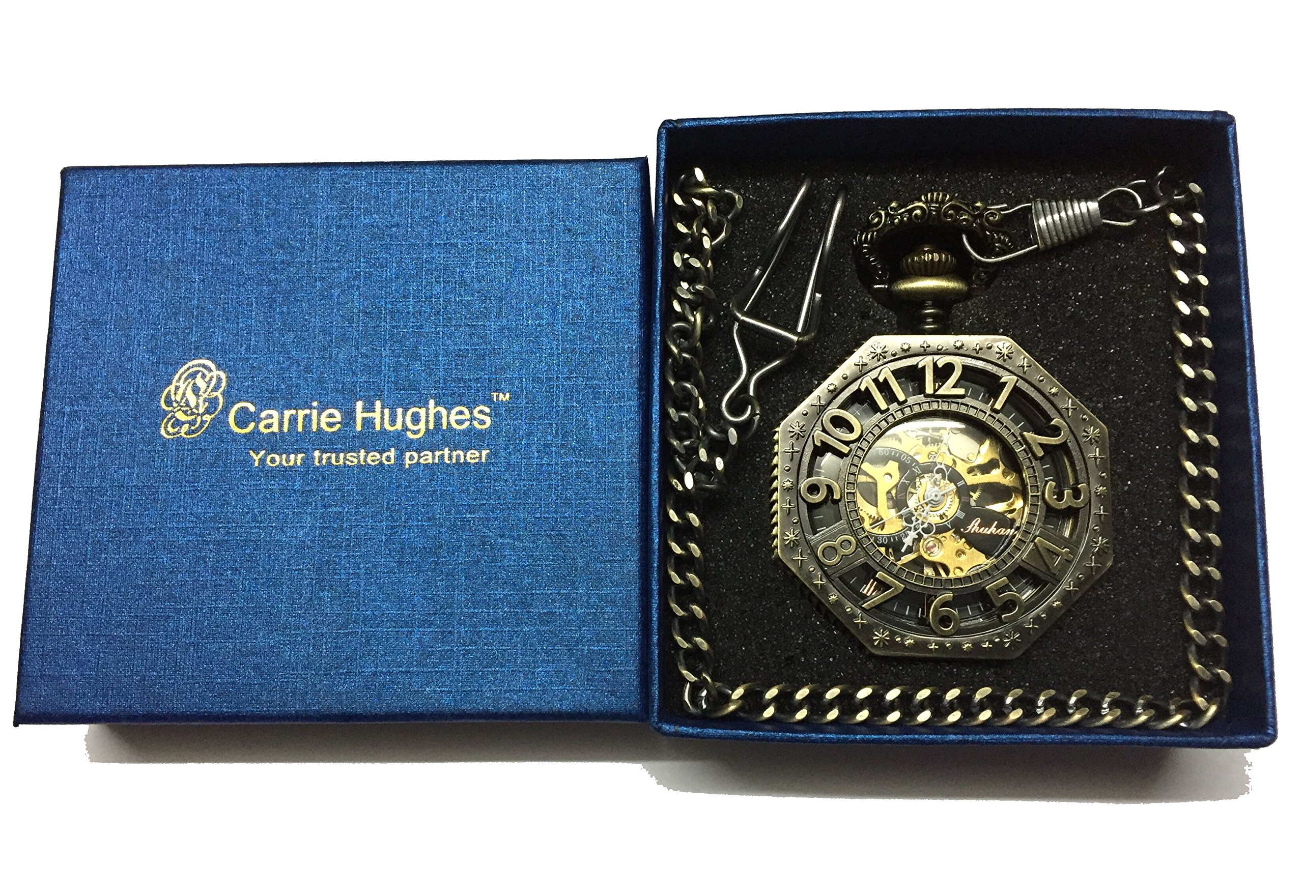 Carrie Hughes Men's Pocket Watch, Vintage Railroad Mechanical Hand Winding Pocket Watch with Chain, Bronze Numerals Octagon Steampunk Pocketwatch, Lucky Gifts for Men CHPW02