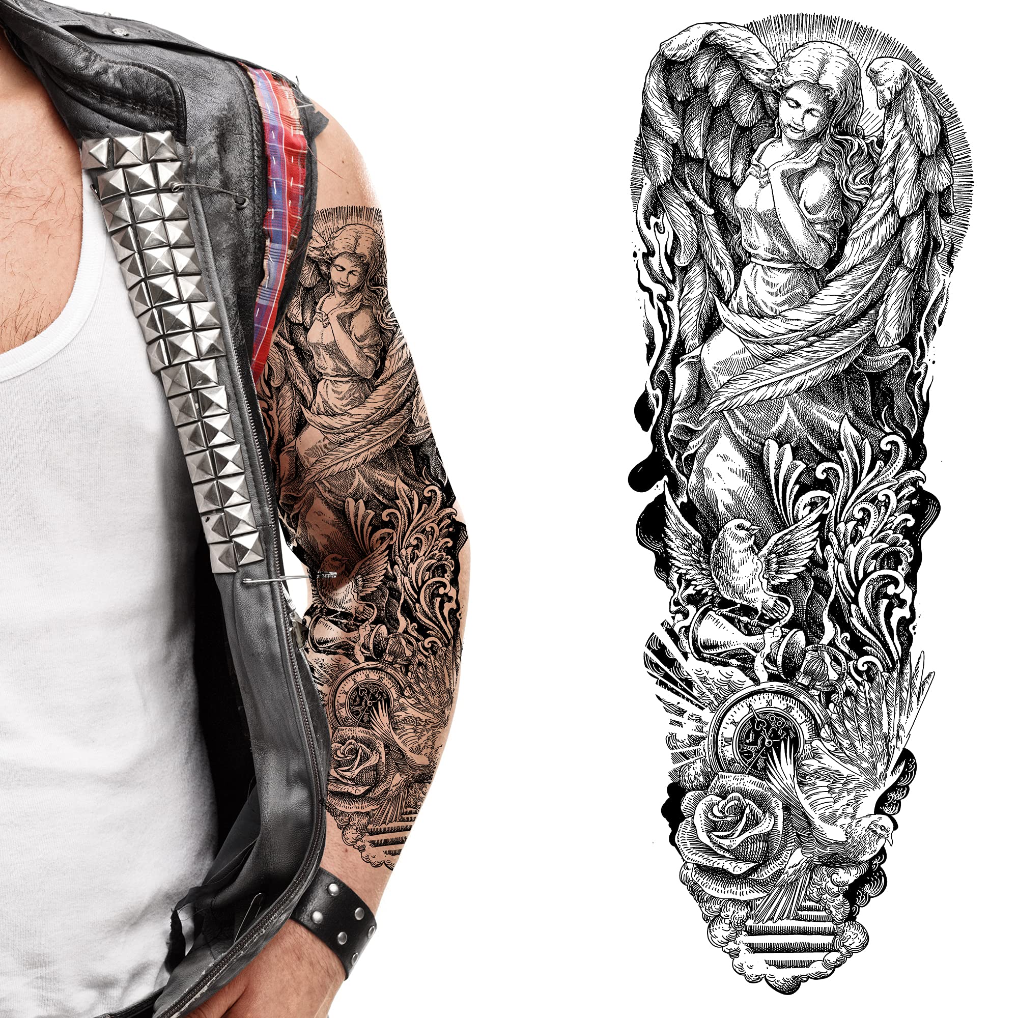 Tatodays Temporary tattoo full arm angel dove stick on body art transfer halloween adult temp sticker biker rocker punk 80's angel dove heaven tribal gothic — image 1