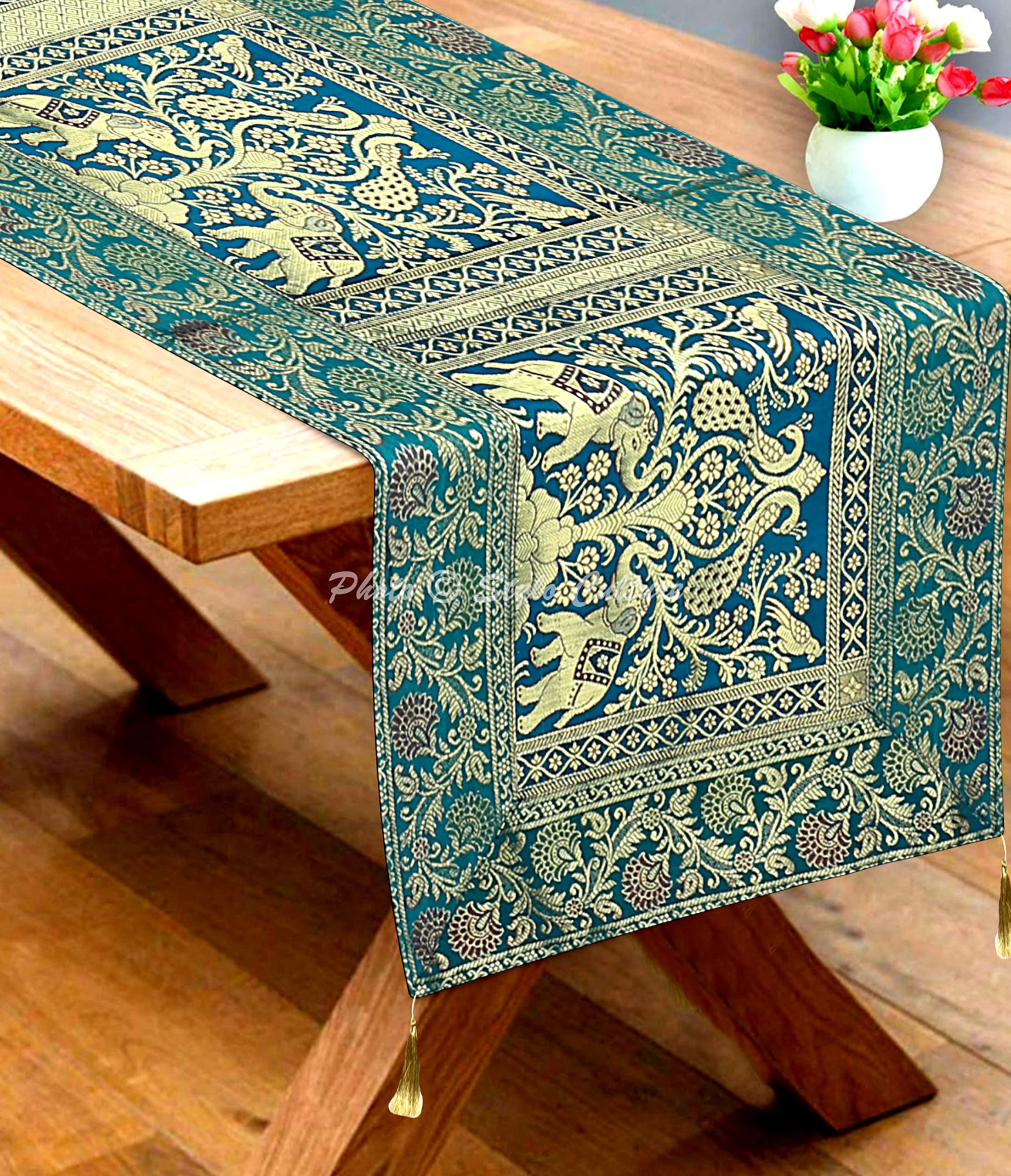 Stylo Culture Ethnic Center Table Runner For Coffee Table Dark Green Brocade Jacquard & Satin Tassels Boho Decorative Elephant Peacock Extra Long Traditional Table Decor | 60x16 Inches ( 152 x 40 cm)