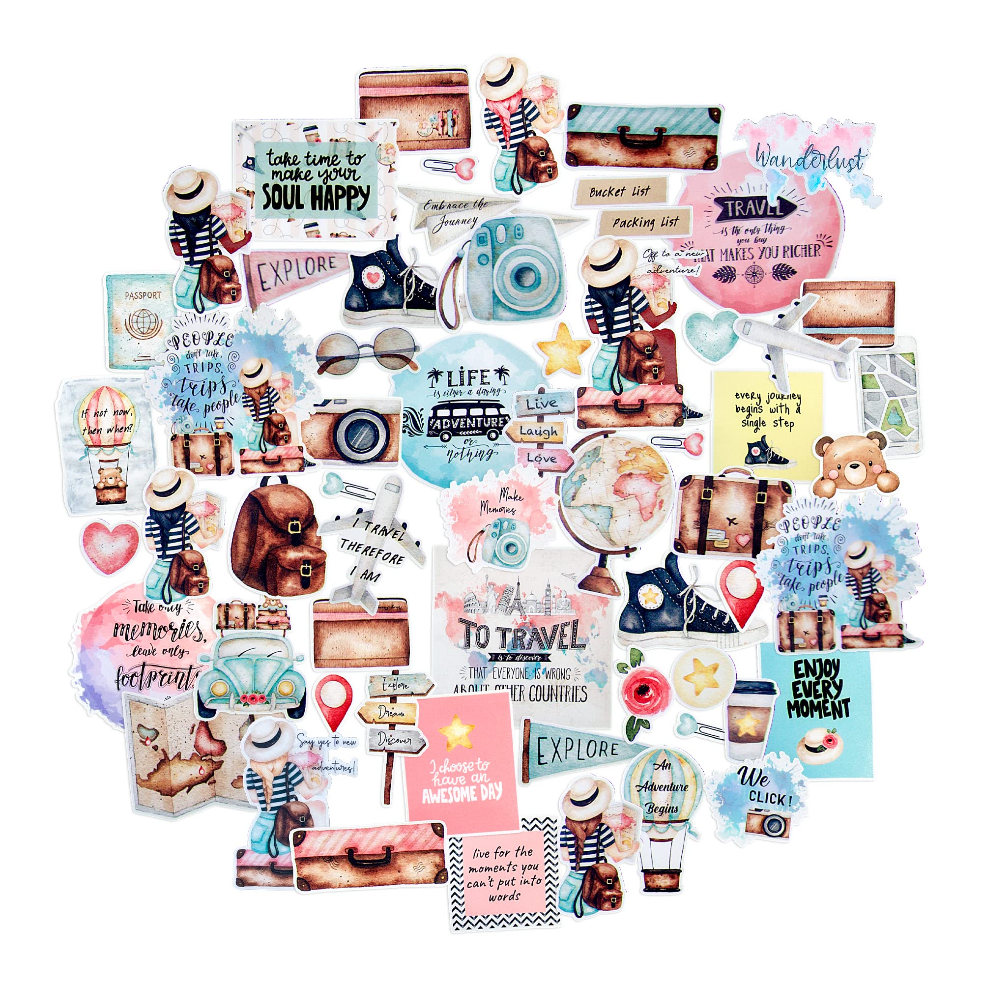 Navy Peony Backpacking Adventure Stickers (65 Pieces) - Cute, Waterproof, Travel Themed | Outdoor Stickers for Scrapbook, Planner, and Journal