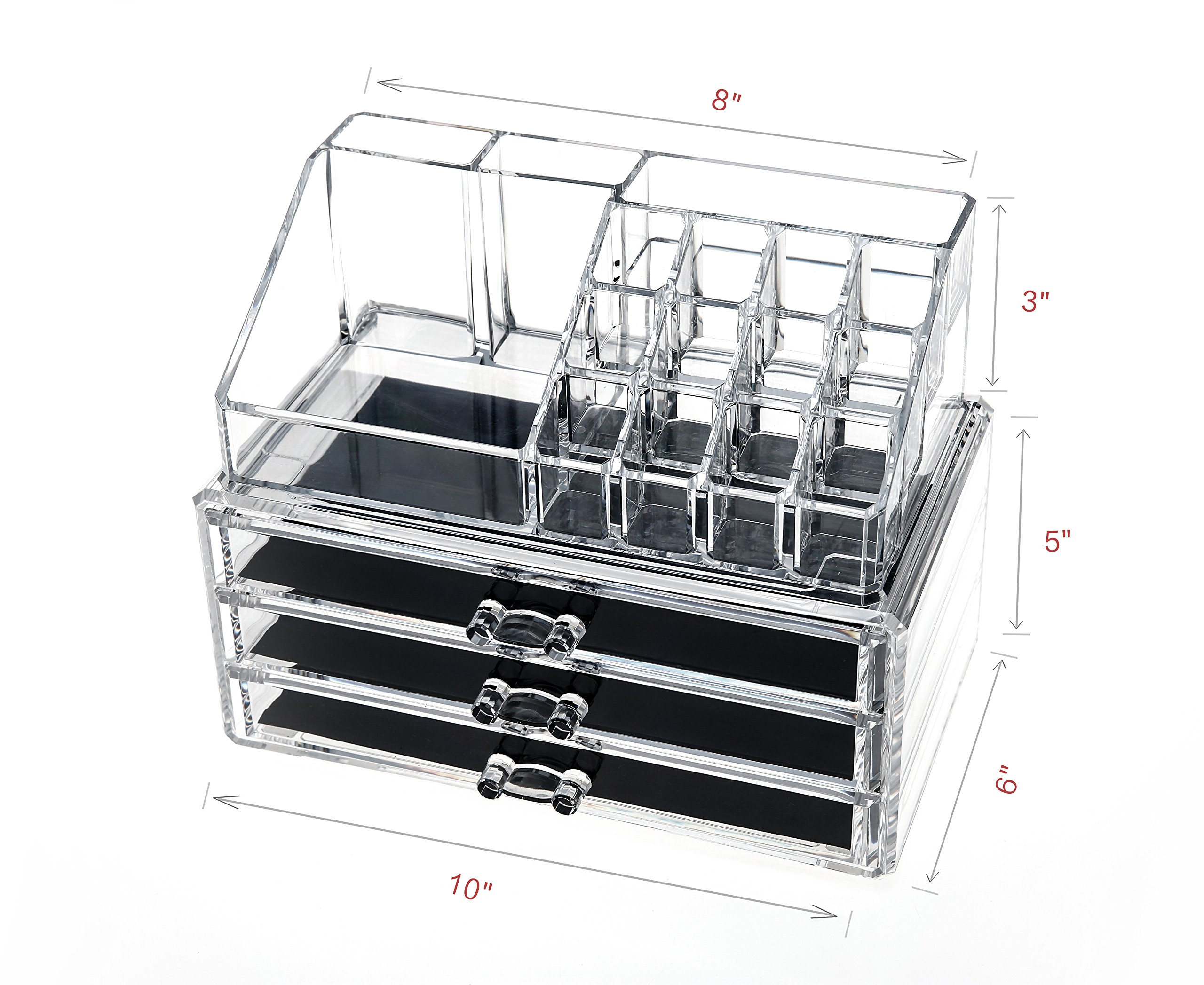 Clear Acrylic Cosmetic Storage Organizer, Boxes Makeup and Jewelry Organizer Large 3 Drawers with Removable Black Mesh Padding