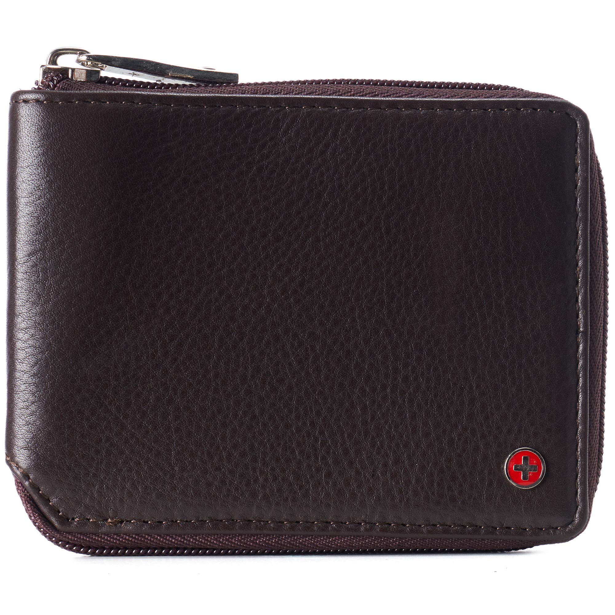 alpine swiss Logan Zipper Bifold Wallet | All-Around Zip Closure | 13 Card Slots 2 Bill Sections | RFID Protected Premium Leather | Gift Box Brown
