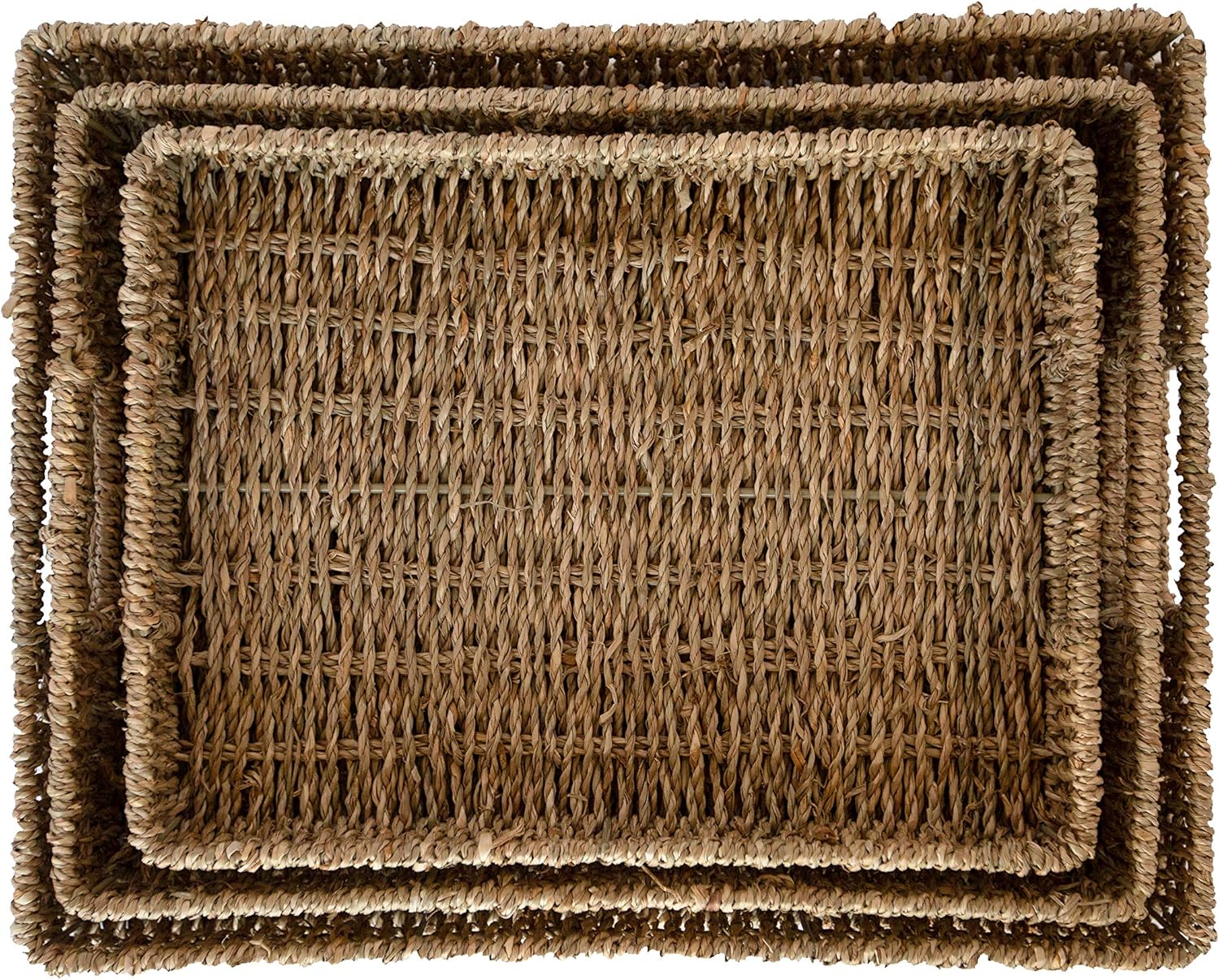 DIDDY LU - Handmade Woven Serving Tray - Set of 3 - Rectangle - Natural Rattan Storage Basket - Rectangle - Ottoman Tray Boho Coffee Table Decor - Decorative Basket - Seagrass (Rectangle)