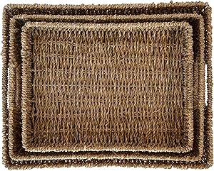 DIDDY LU - Handmade Woven Serving Tray - Set of 3 - Rectangle - Natural Rattan Storage Basket - Rectangle - Ottoman Tray Boho Coffee Table Decor - Decorative Basket - Seagrass (Rectangle)