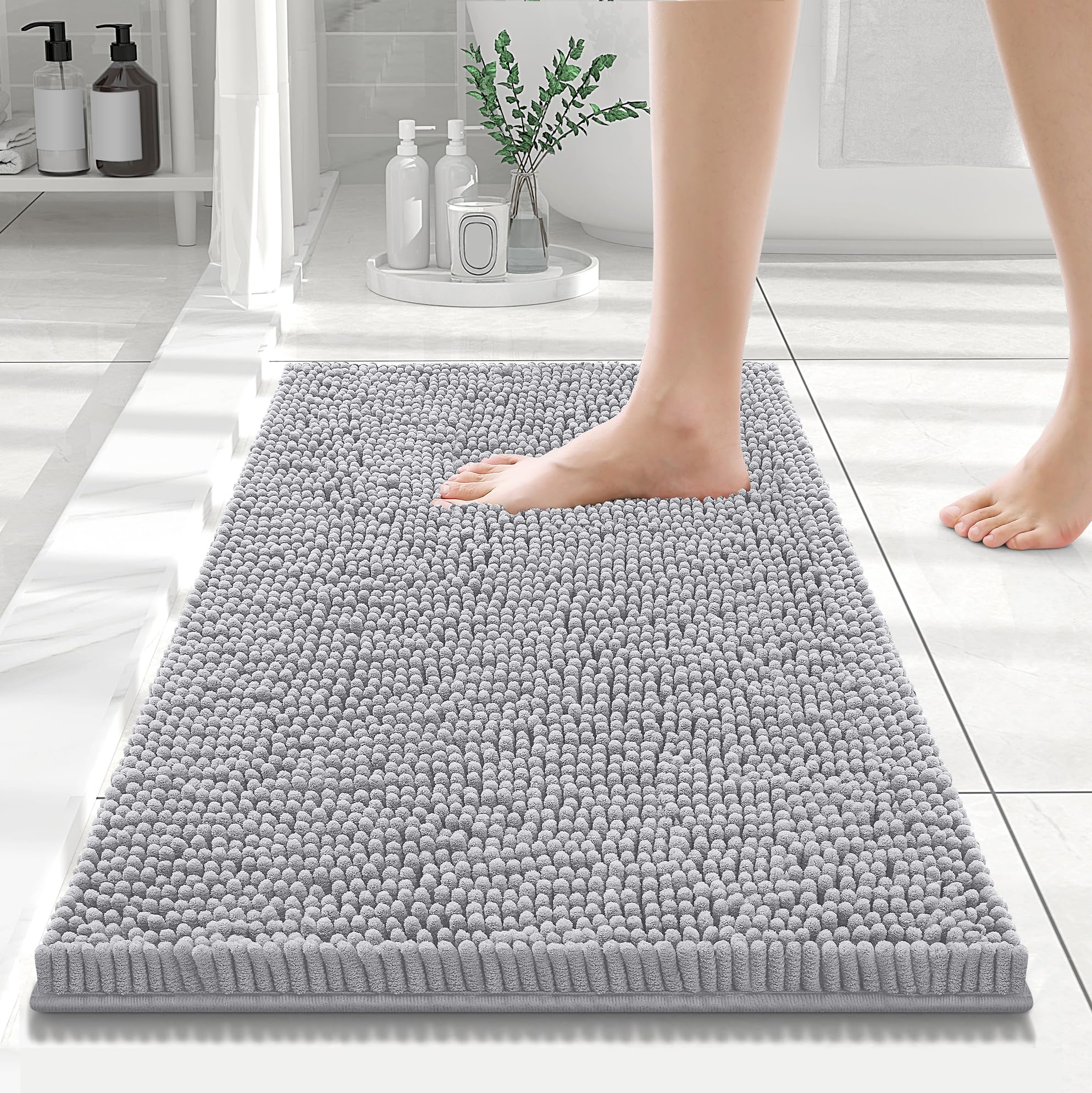 Photo 1 of Smiry Luxury Chenille Bathroom Rugs 24x16, Extra Soft and Absorbent Shaggy Bath Mat, Machine Washable, Non-Slip Plush Carpet Runner for Tub, Shower, and Floor, Home Decor Accessories, Light Grey