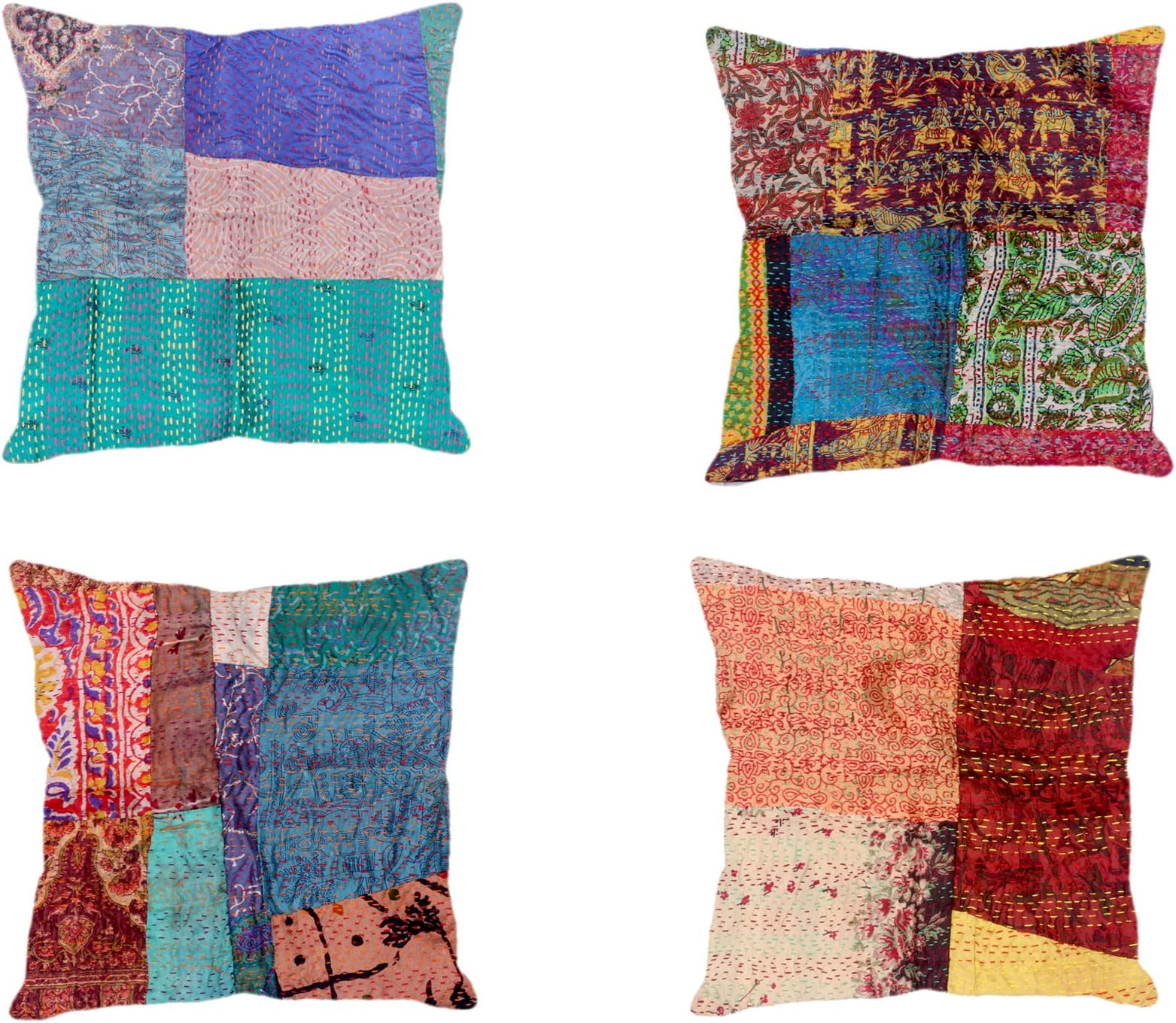 Indistar Set of 5 Throw Pillow Cover | Silk Patchwork Cushion Covers with Traditional Indian Kantha Work | Decorative Cushion Covers, 12 x 12 Inch-93100-516-IW-P5