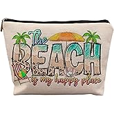 uinwk Beach Makeup Bag, Beach Gifts for Women Friends, Gifts for a Beach Lover, Beach Vacation Gifts, The Beach is My Happy Place Makeup Cosmetic Bag for Purse, Beachy Gifts