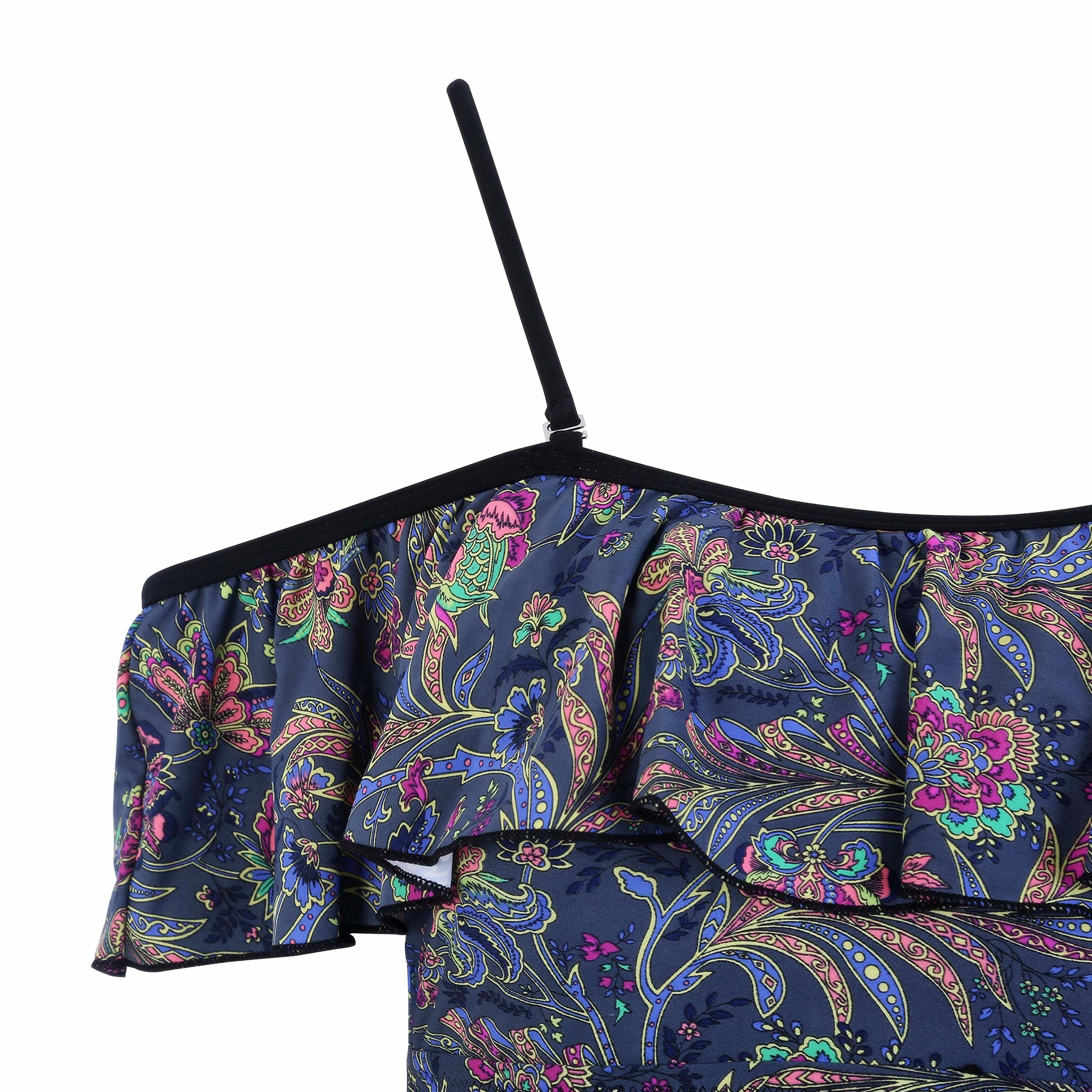 Women 1 Piece Vintage Floral Printed Off Shoulder Flounce Ruffled Padded Chic and Sexy Bathing Suits (Small)