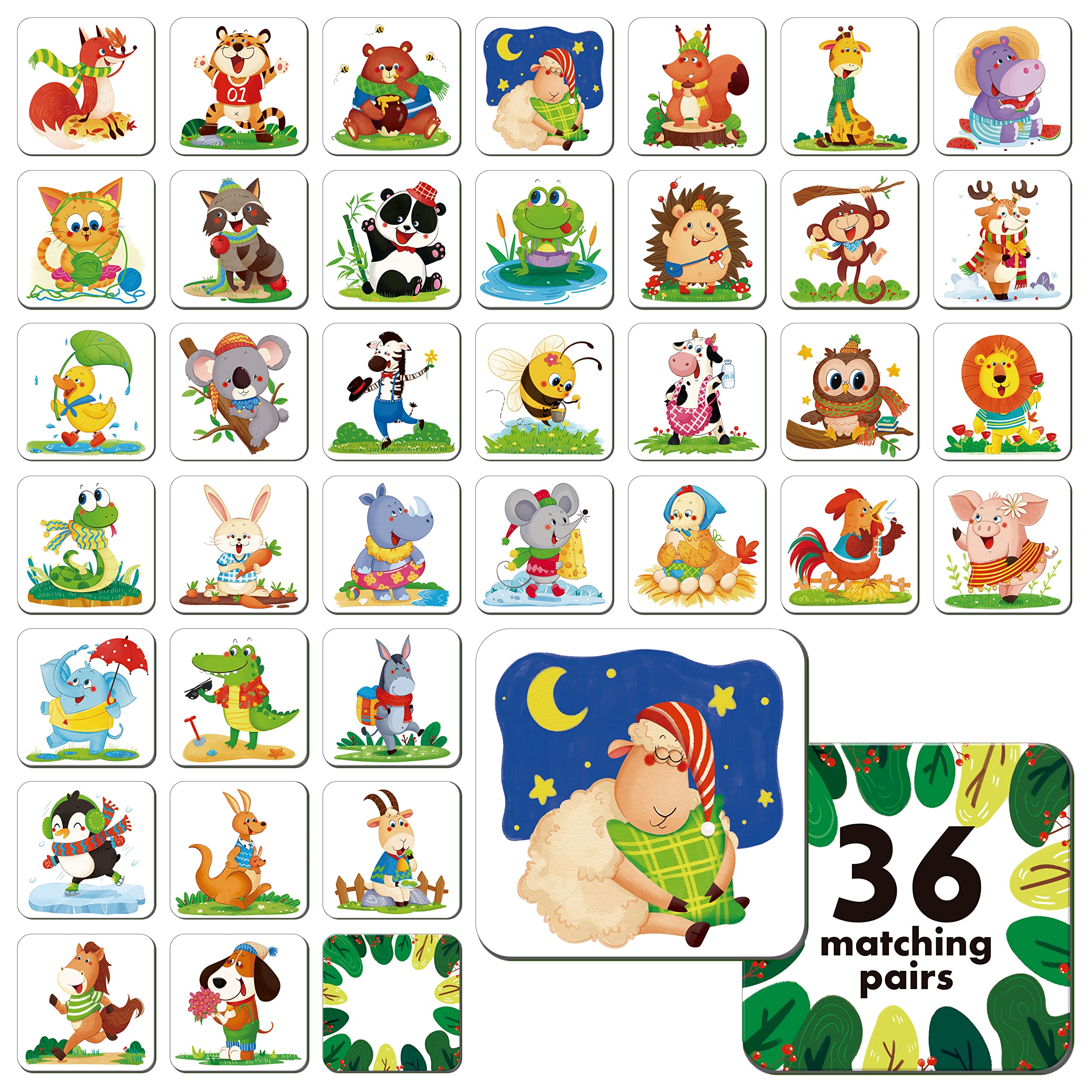 Hebayy Memory Matching Game, 72 PCS Animals Matching Cards for Toddlers 36 Designs Memory Cards Educational Learning Toys for Preschool 4 5 6 Years Old