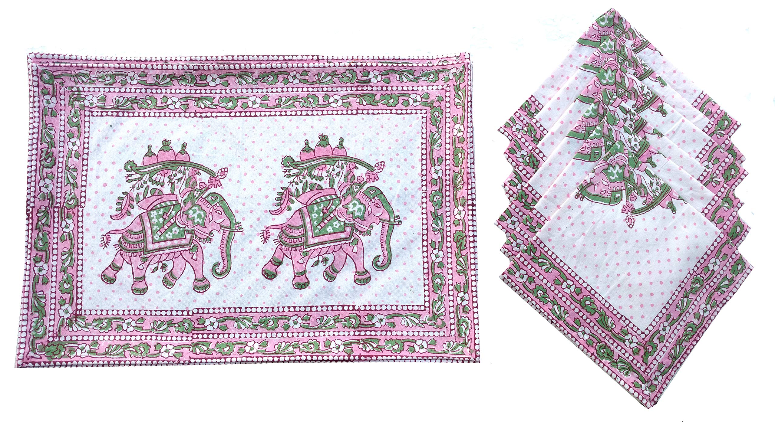Rastogi Handicrafts Hand Block 100% Cotton Indian Style Theme Set of 6 Dining Table Mats and Napkins Place-mats Runners (PINK 3)