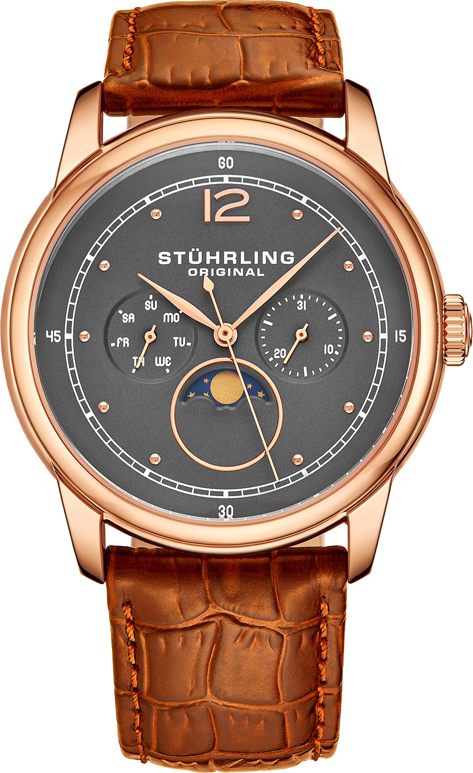 Stuhrling Original Mens MoonPhase Dress Watch - Stainless Steel Case and Leather Band - Analog Dial with Day of The Week and Date Celestia Mens Watches Collection (Rose Gold)