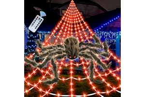 SEIFAR Halloween Spider Web Lights Giant Spider, 16.4Ft 450 LED Lighted Spider Web with with 8 Lighting Modes Waterproof & Timer for Indoor Outdoor House Haunted Yard Decor, Orange