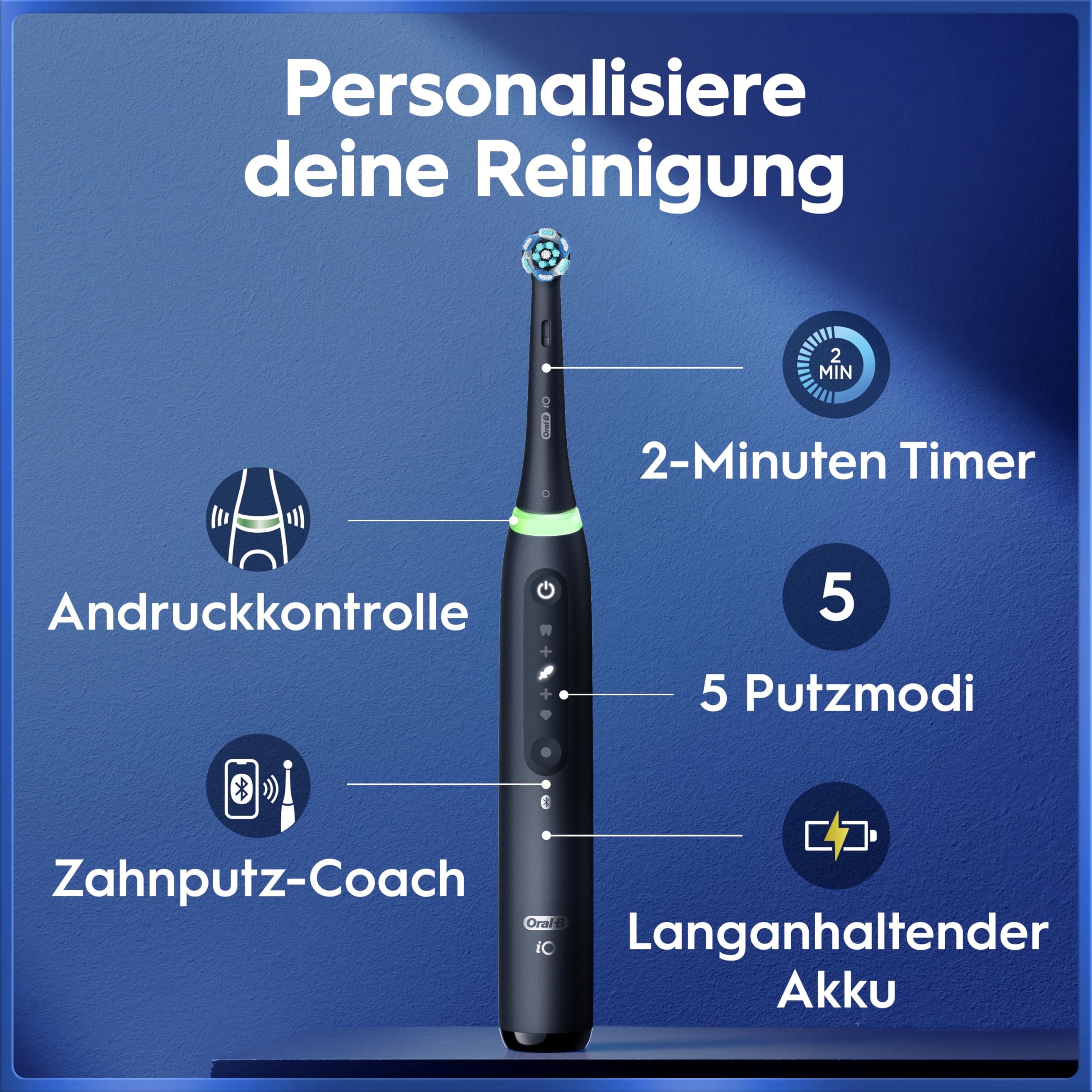 Oral-B iO Series 5 Plus Edition Elektrische Zahnbürste — Electric Toothbrush, Inkl. 3 Aufsteckbürsten und Reise-Etui — 5 Putzmodi für Zahnpflege, Zahnbürste Elektrisch, Designed by Braun, Schwarz 4