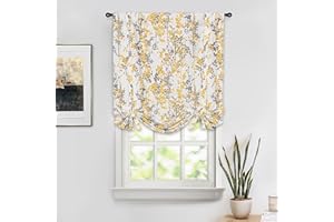 DriftAway Leah Abstract Floral Blossom Ink Painting Pattern Room Darkening Thermal Insulated Tie Up Adjustable Balloon Rod Pocket Curtain for Small Window 25 Inch by 47 Inch Golden Yellow Silver Gray