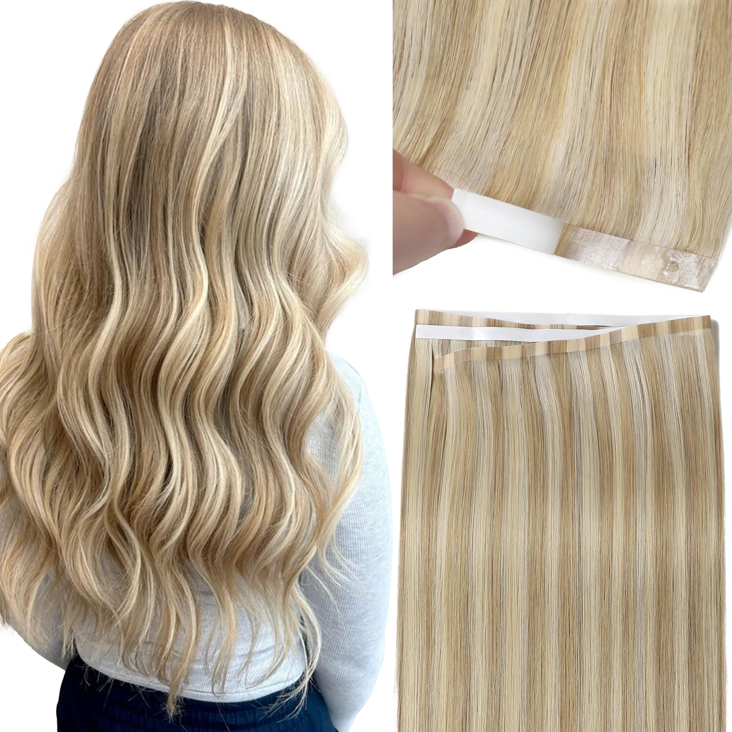 Photo 1 of Loxxy DIY Long Tape in Hair Extensions Real Human Hair - Remy Wide Tape Hair Extensions Straight - Light Brown With Platinum Blonde Highlights, 20 Inch 50g, Wide PU Weft 31.5"(80cm)