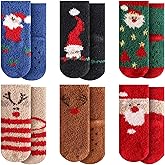 October Elf Christmas Fuzzy Socks for Kids Plush Cartoon Non Slip Slipper Winter Warm Fleece Socks with Gift Box Pack of 6