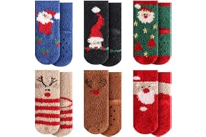 October Elf Christmas Fuzzy Socks for Kids Plush Cartoon Non Slip Slipper Winter Warm Fleece Socks with Gift Box Pack of 6