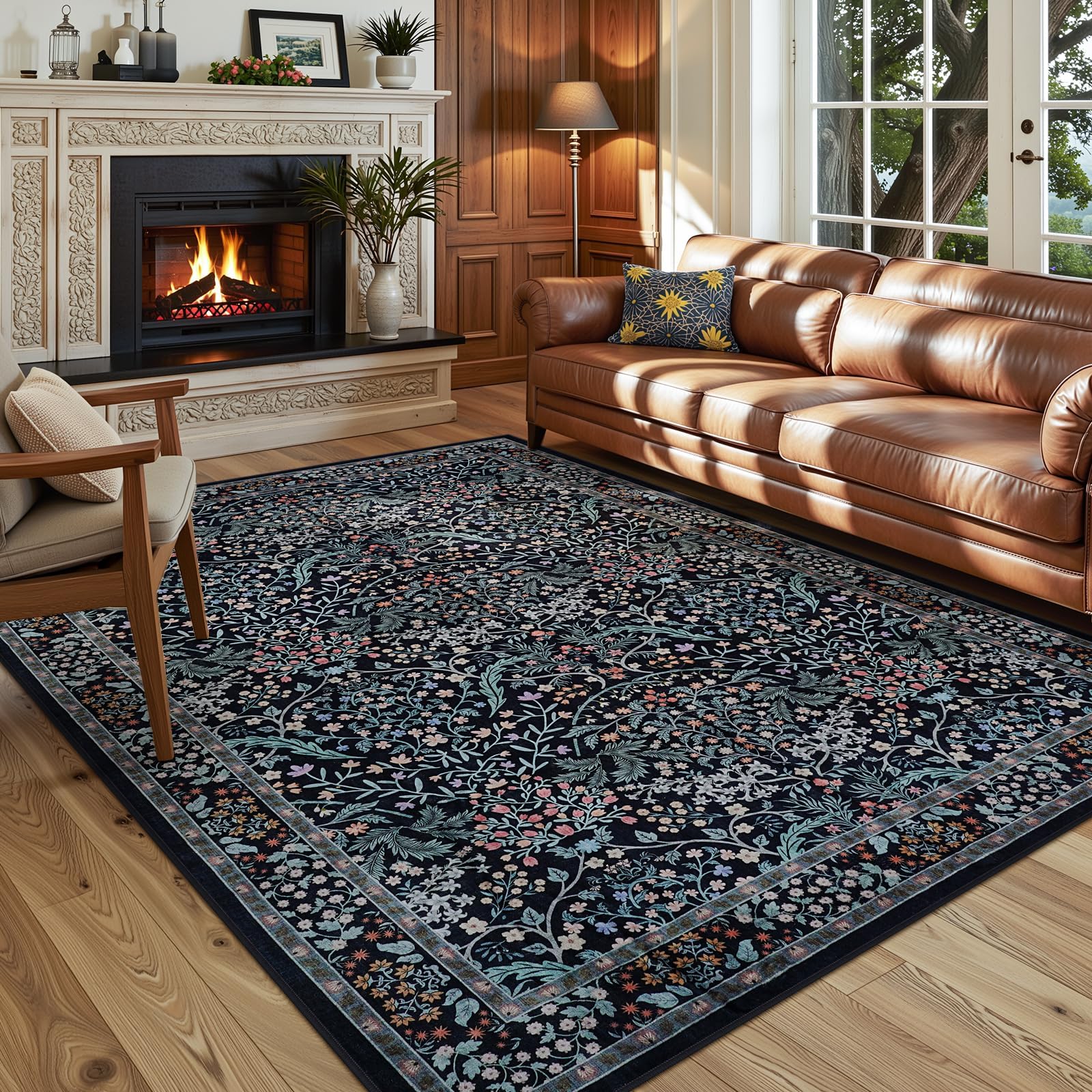 Photo 1 of LIVEBOX Floral Washable Area Rug 5x7 Rugs for Living Room Bedroom, Non-Slip Vintage Black Forest Indoor Rug for Dining Room Office, Low-Pile Farmhouse Soft Carpets for Kids Nursery Playroom