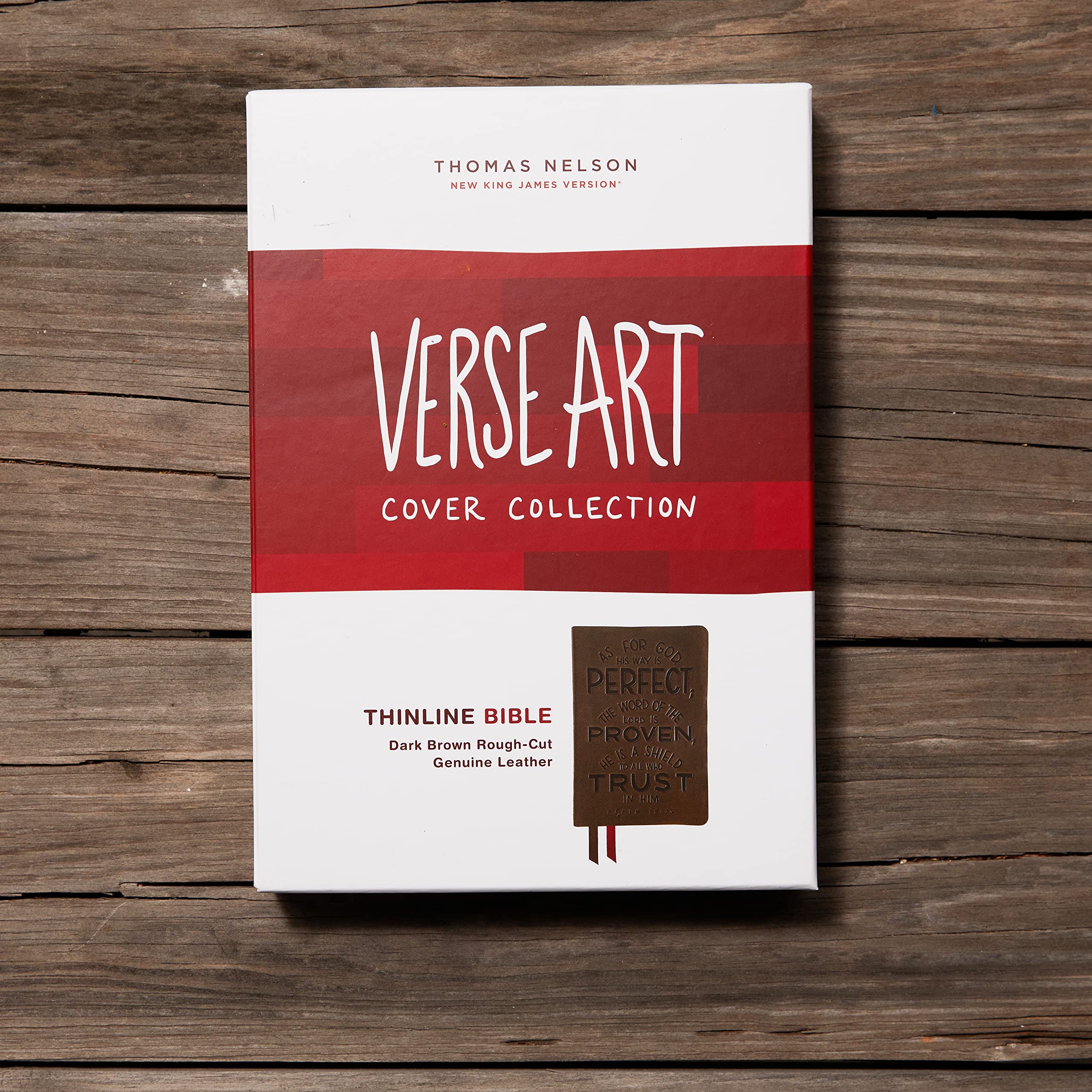 NKJV, Thinline Bible, Verse Art Cover Collection, Genuine Leather, Brown, Thumb Indexed, Red Letter, Comfort Print: Holy Bible, New King James Version