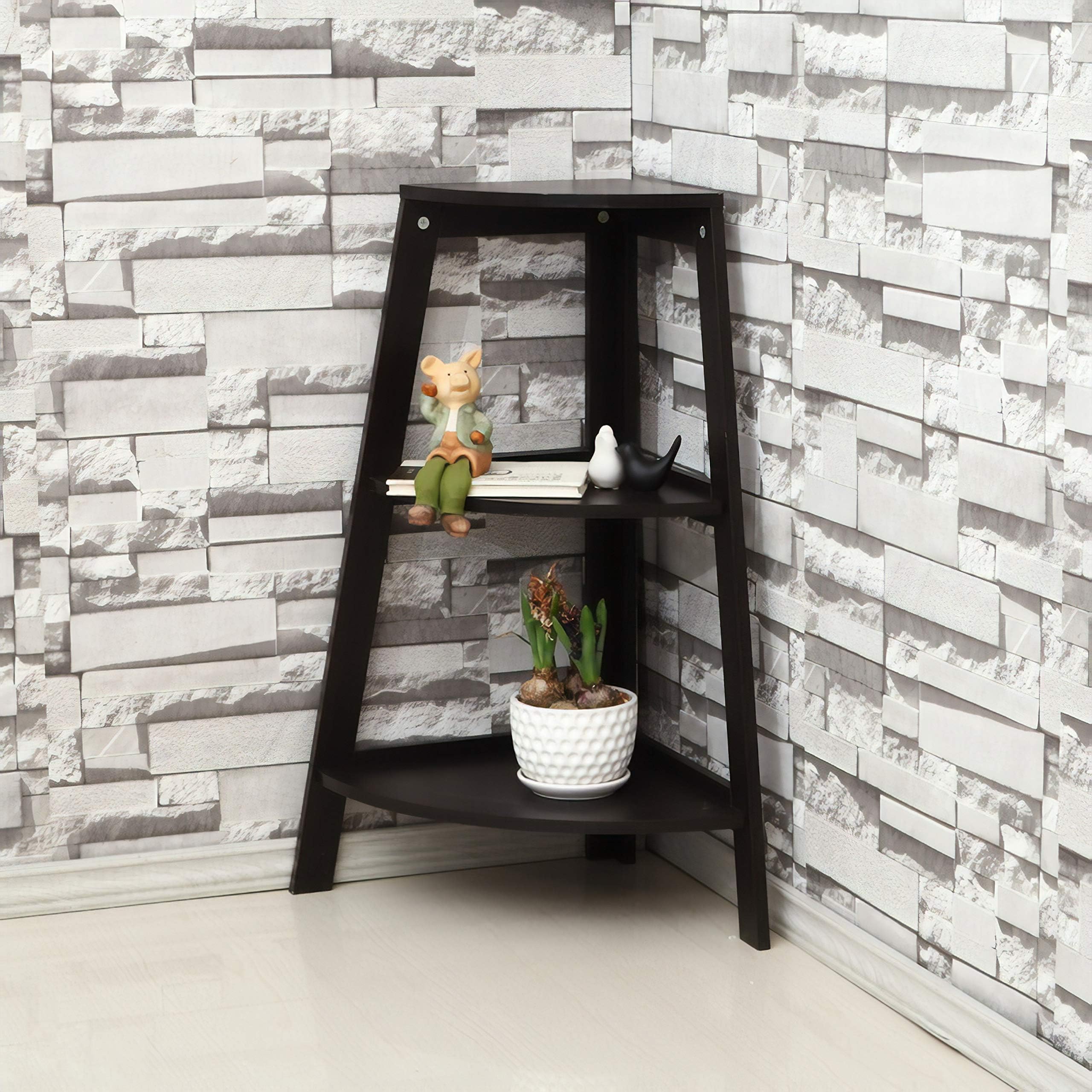 BRAND NEW - Wooden Corner Bookshelf Storage Rack - White or Black - 3 shelves or 5 shelves (black, 3 shelves)