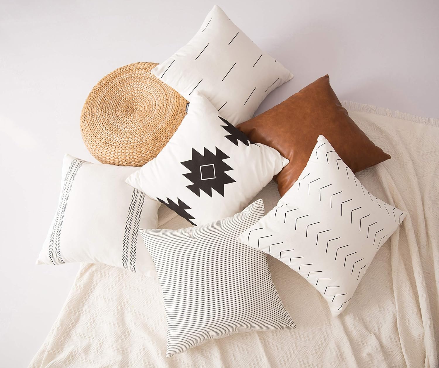 HOMFINER Decorative Throw Pillow Covers for Couch, Set of 6, 100% Cotton Modern Design Stripes Geometric Bed or Sofa Pillows Case Faux Leather 18 x 18 inch: Home & Kitchen