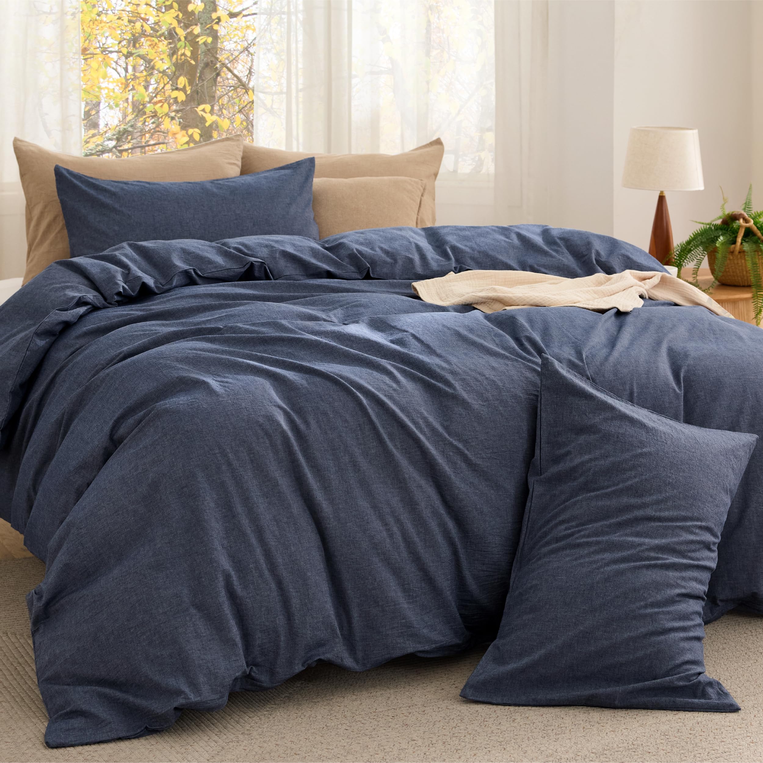 Photo 1 of Bedsure Comforter Set King Size - Cotton Fabric with Microfiber Inner Fill, Denim Blue Soft Bed Set for All Seasons, 3 Pieces, 1 Comforter (104" x 90") and 2 Pillow Cases (20" x 36")