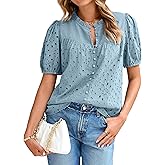 Glamaker Womens Summer Tops Blouse 2026 Casual Eyelet Embroidered Short Puff Sleeve Lace Hollow Out Button Dressy Shirts