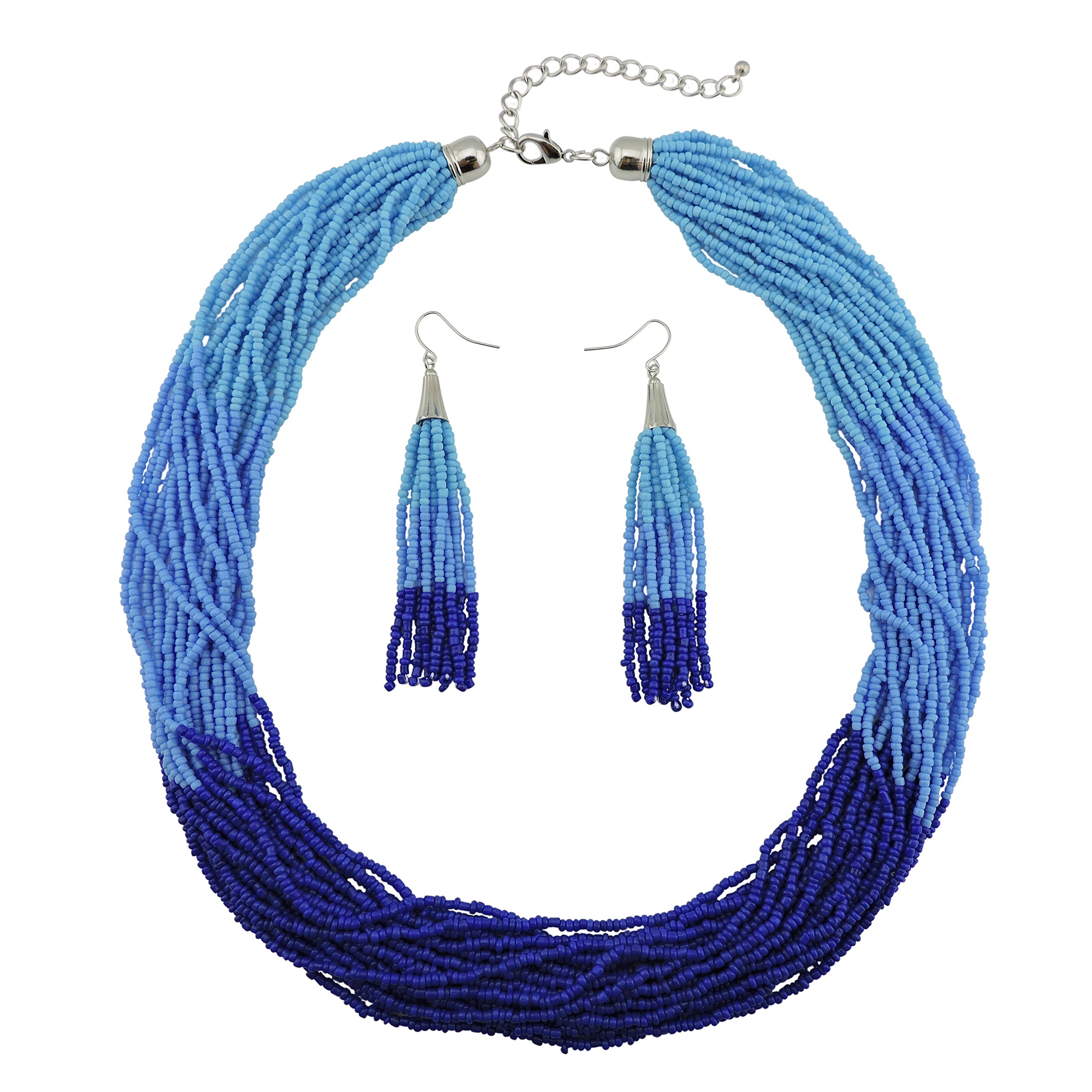 Bocar Multi Layer Beaded Statement Necklace Set Strand Necklace and Earrings for Women Gift (NK-10459-Blue+Navy Blue)