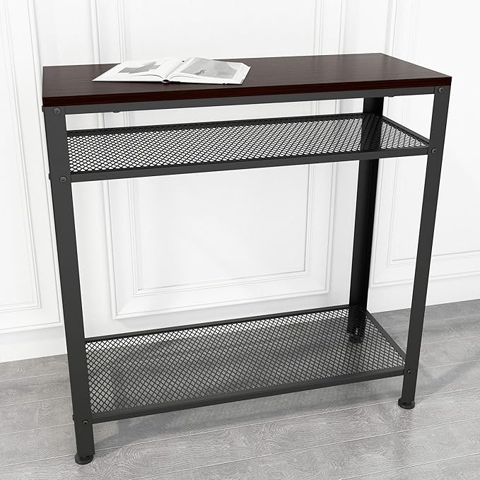 JOISCOPE Console Table, Industrial Sofa Table with Mesh Storage Shelves