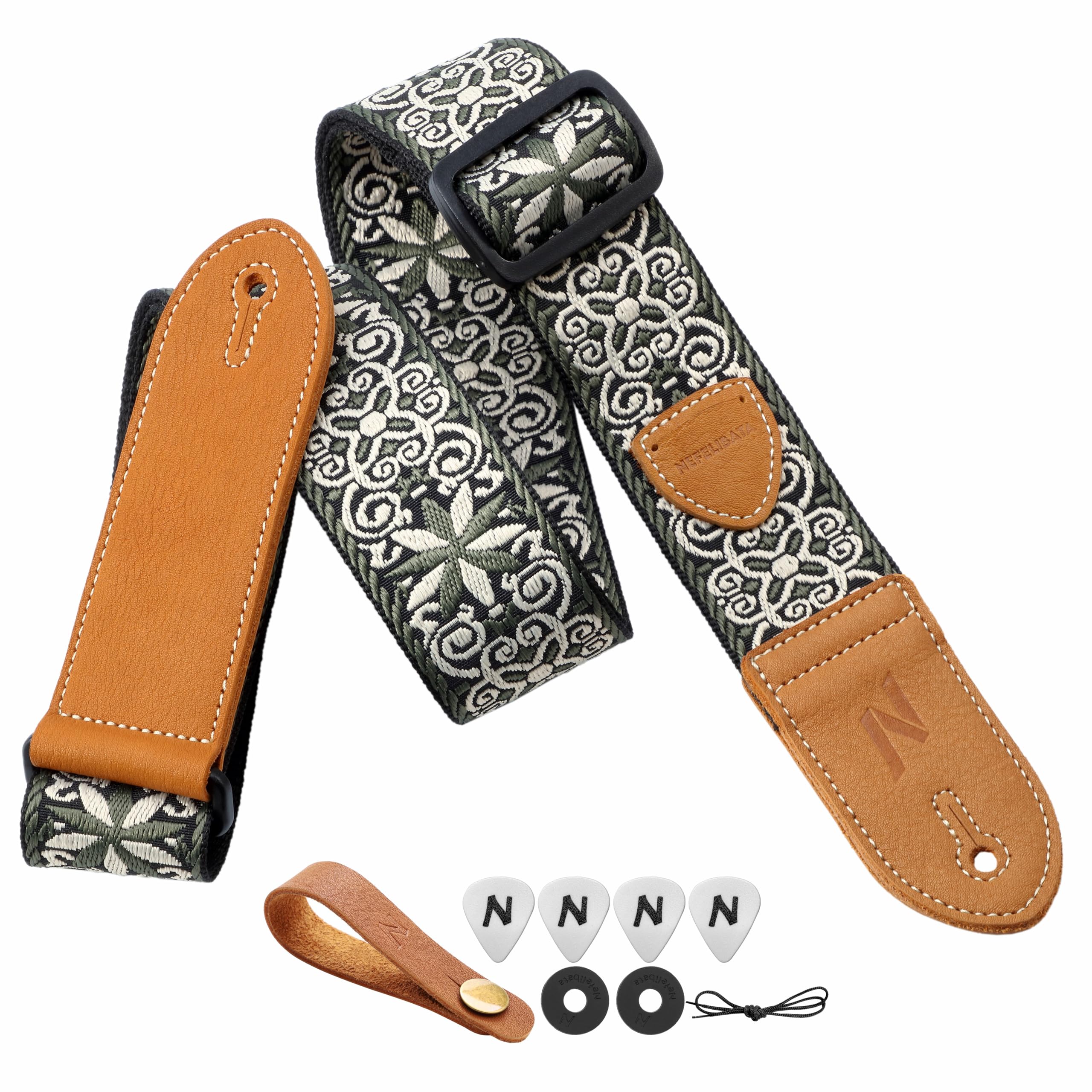Nefelibata Guitar Strap,Double leather ends,Vintage Woven W/FREE BONUS-4 Picks+Strap Locks+Strap Button,Best Gift For Bass,Electric&Acoustic Guitars for Guitar(Vintage white green embroidery)