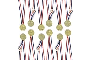 AoneFun Gold Medals for Kids Necklaces Toy Medals Soccer Medals Award Medals 1st Place Medals Ribbons for Medals Prize Ribbons Plastic Medals Winner Ribbons Fake Medals Race Medals (12 Pack)