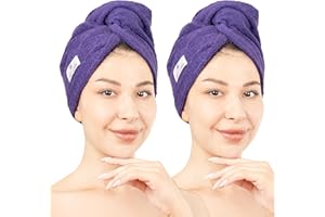 American Soft Linen 100% Cotton Hair Towel Cap and Wrap for Long Curly Anti Frizz Hair, Absorbent 2 Pack, Purple