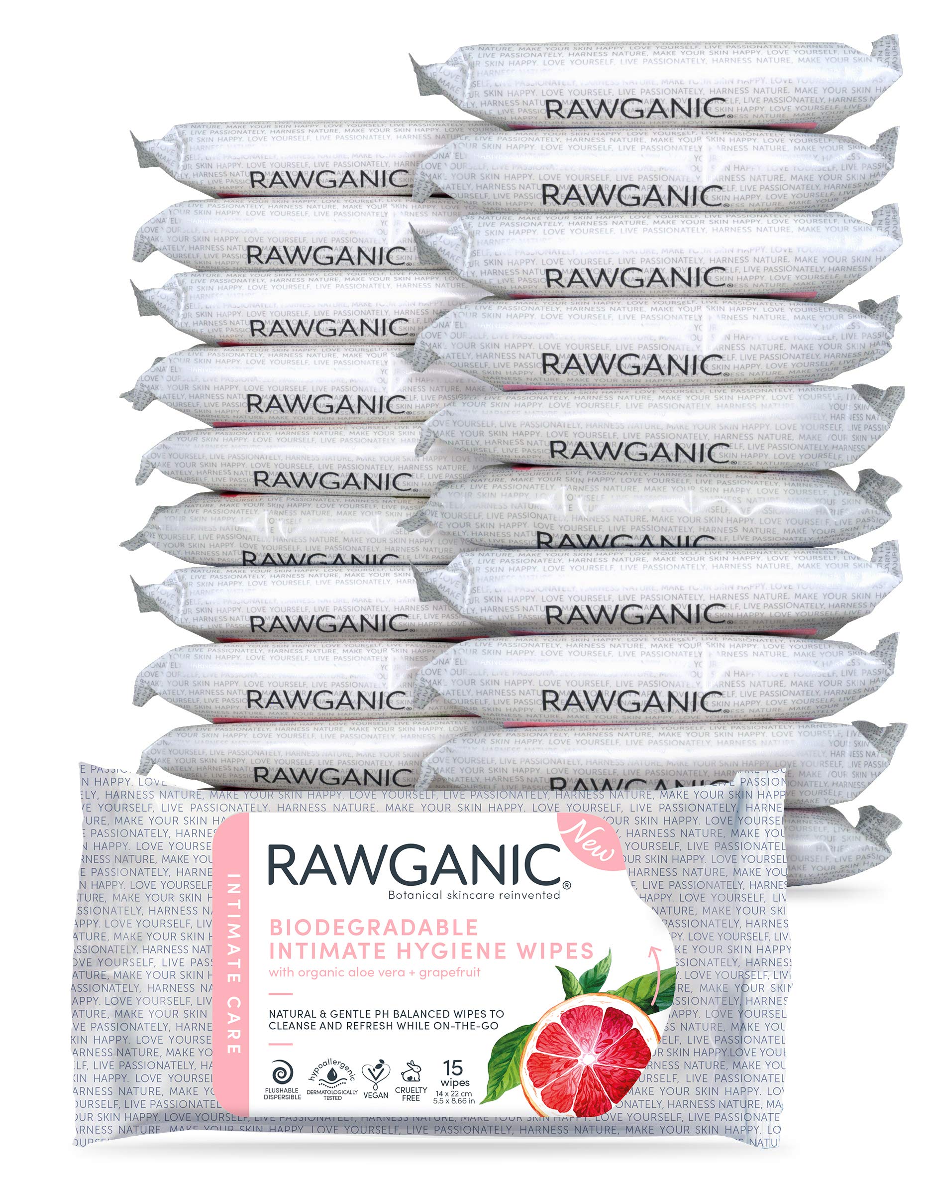 RAWGANIC Organic Intimate Hygiene Wipes | Hypoallergenic, Alcohol-Free, Flushable, Biodegradable Intimate Pre-Waxing Wipes | with Grapefruit and Aloe Vera | 20 Packs (300 Wipes in Total)