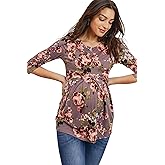LaClef Women's Round Neck 3/4 Sleeve Front Pleat Peplum Maternity Top