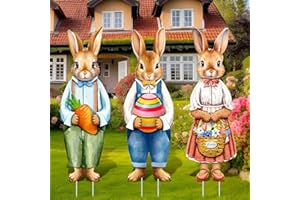 Umigy 3 Pcs Easter Yard Sign Elegant Outdoor Sign with Stakes 32 x 10 Inch Easter Bunny Holding Carrots Eggs Baskets Lawn Decor Yard Decor Lawn Easter Decor for Home Pathway Walkway Decor