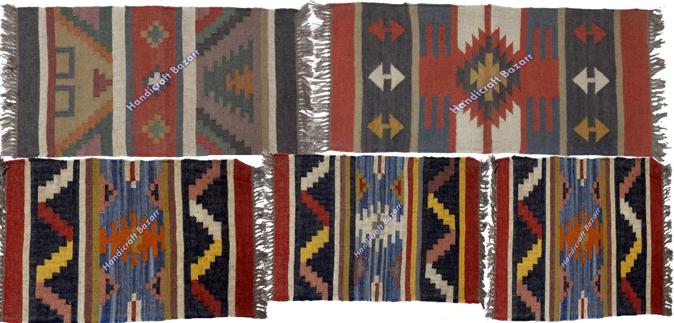 Handicraft Bazar Combo:- Set of 5 Hippie Rustic Reversible Rug 2x3' Wool Jute Bohemian Carpet Indian Mat Indian Kilim Carpet Dhurrie Traditional Mat Accent Rug Eco Friendly Earthy Home Decor Rug