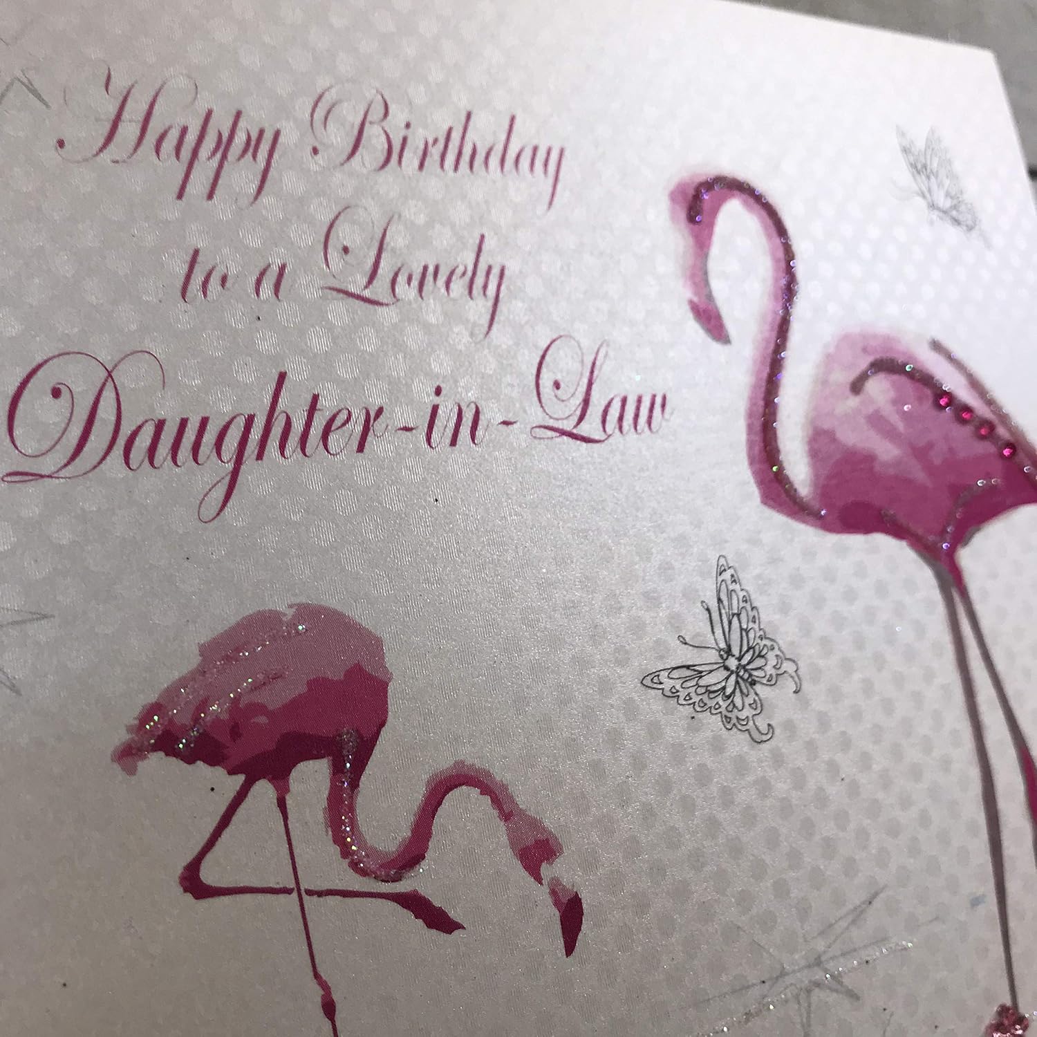White Cotton Cards Pink Flamingos Happy Birthday To A Lovely Daughter-in-Law Handmade Birthday Card, BD90 NEW,16cm x 16cm - Image 3