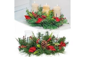 ZQQLITE Pinecone & Red Berry Christmas Centerpiece - 3 Candle Holder for Table, Indoor Decorations