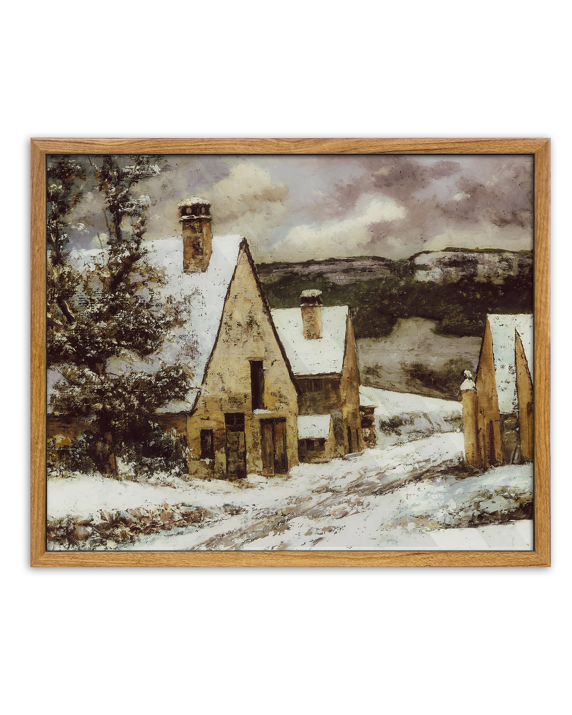 UPWOIGH Vintage Framed Wall Art,12x16in Gustave Courbet Village Edge in Winter Poster,Rustic Country roads Oil Painting,Winter Landscape Cottage Prints for Living Room Bedroom,Office Desk Décor,Gift