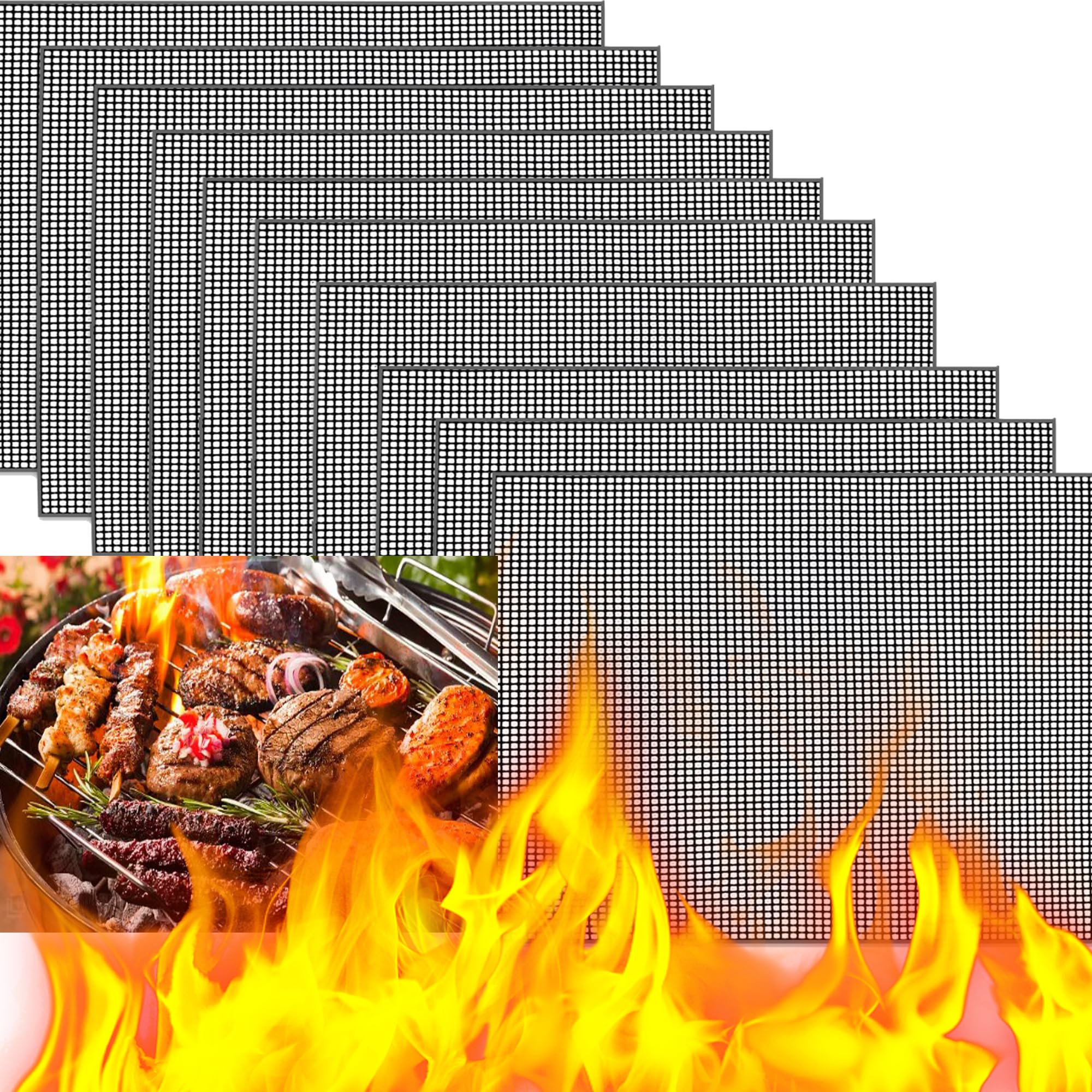 XUBX 10 Pieces BBQ Grill Mesh Mats, Non Stick Reusable Teflon Grilling Net Barbecue Mat, Heat Resistant, Easy to Clean, Grill Mat for Grilling, Cooking, Baking, Barbecue and Oven (40 x 30 cm)