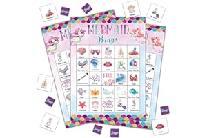 Disfuco Mermaid Bingo Game, Mermaid Games Bingo Cards for Adults Kids, School Games, Birthday Bingo, Ocean Party Favors Supplies Decorations, 24 Players Bingo Game (B10), Pink