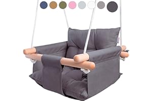 CaTeam - Canvas Baby Swing, Wooden Hanging Swing Seat Chair with Safety Belt, Durable Baby Swing Chair, Outdoor and Indoor Swing for Kids, Mounting Hardware Included, Dark Gray