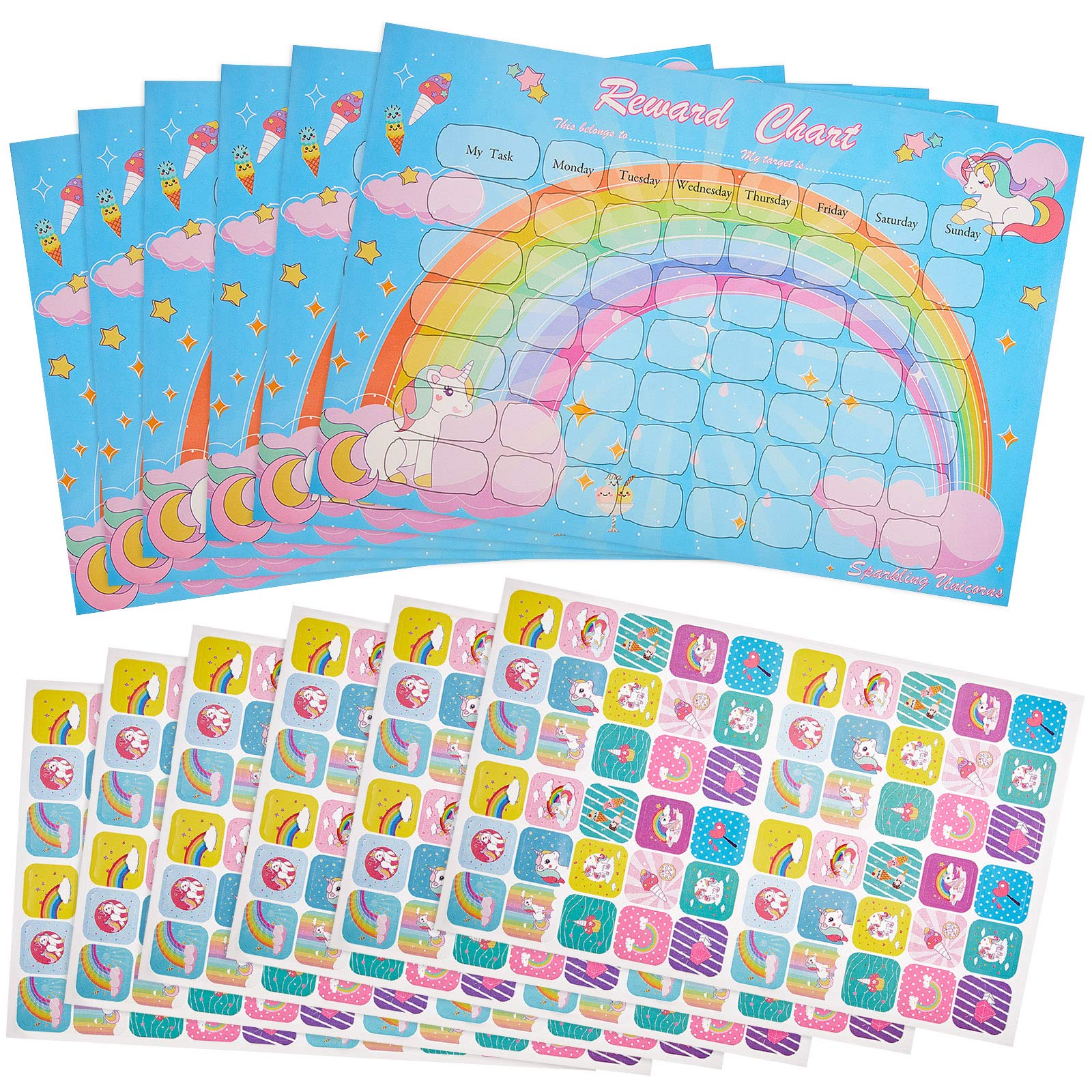 12 Pieces Reward Chart with Stickers Include 6 Pieces Behaviour Charts, 6 Sheets/ 360 Pieces Reward Chart Reusable Stickers for Girls Children Behaviour Training (Rainbow Unicorn Style)