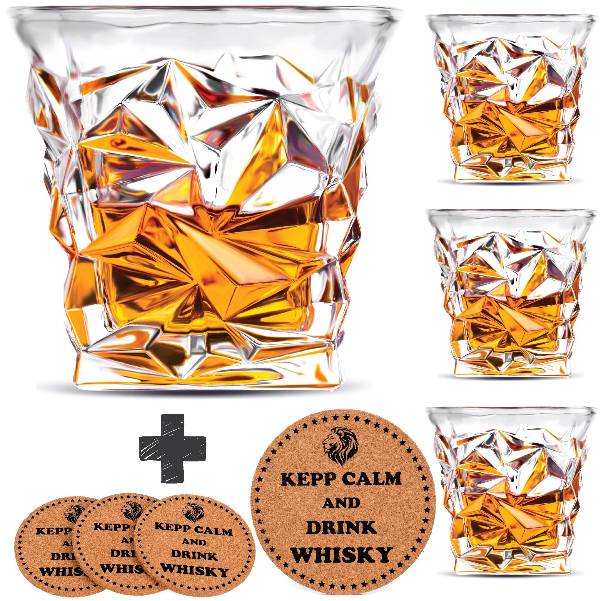 4 Pack Diamond Scotch Whiskey Glasses Bar Set Coasters Bourbon Malt