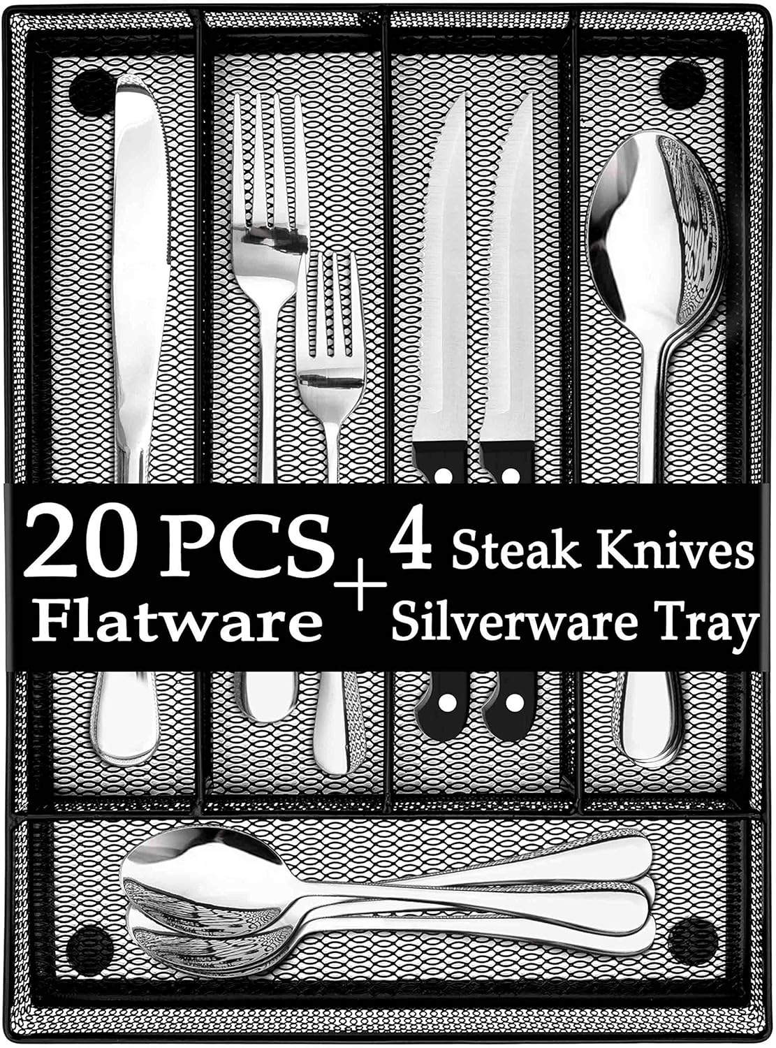 LIANYU 20-Piece Silverware Set with Drawer Organizer, Plus 4 Steak Knives, Stainless Steel Flatware Cutlery Set, Modern Eating Utensils Tableware Service for 4, Dishwasher Safe