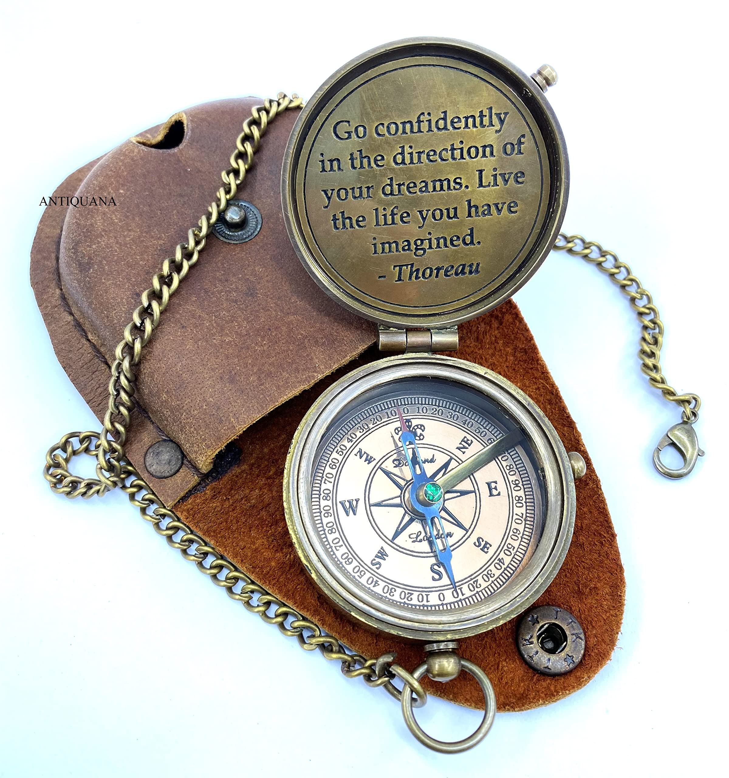Photo 1 of ANTIQUANA Brass Compass Unique Print Go Confidently Quote Compass With Leather Case Antique Brass Compass With Chain A Great Gift Item For Your Loved Ones Hikers And Traveler By