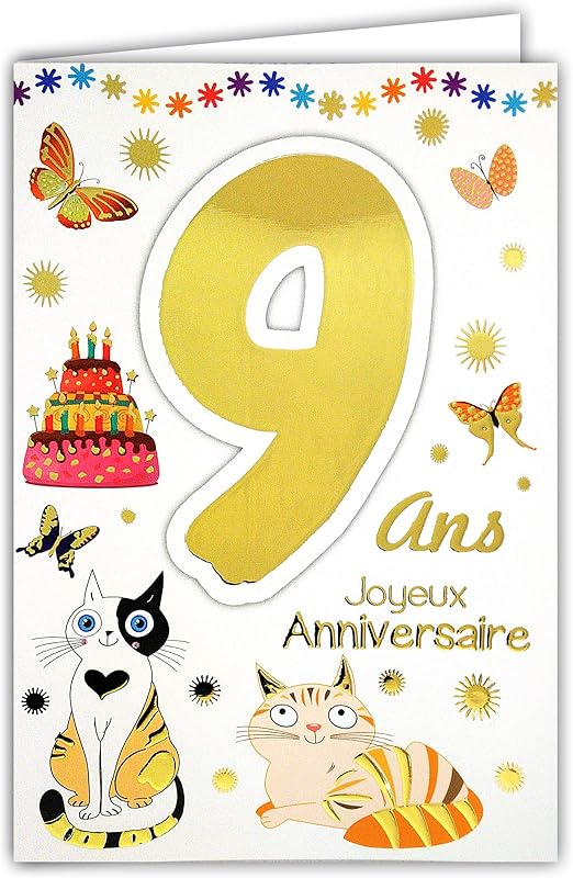 69 2109 Carte Joyeux Anniversaire 9 Ans Enfant Garcon Fille Chat Oiseaux Cadeaux Amazon Fr Fournitures De Bureau