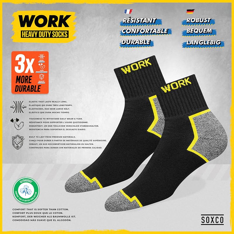 Chaussettes de travail mi-hautes noires homme | Technologie DRI-WIK d’évacuation de l’humidité | Semelle ultra douce et coussinée | Talon et pointe renforcés | WORK socks lot de 10 paires 43-46